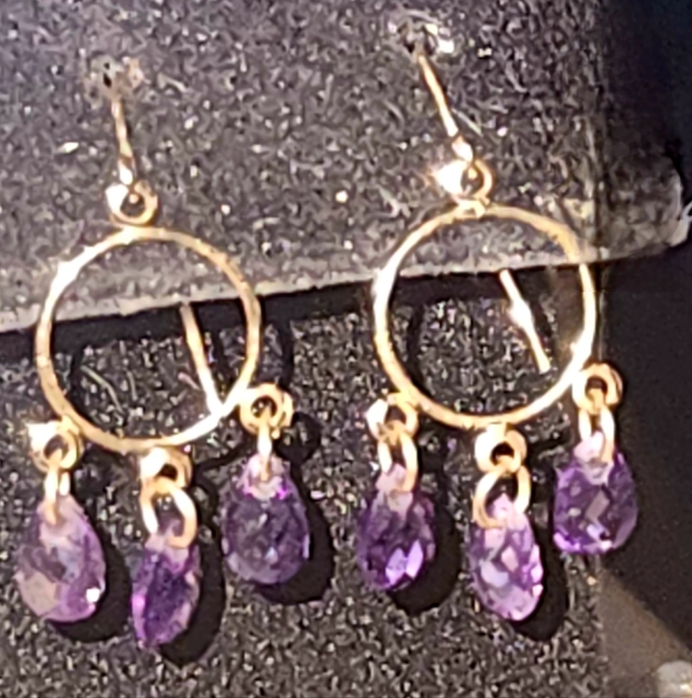 Amythest Briolette  Cut Dangle Earrings Set In 14kt Yellow Gold